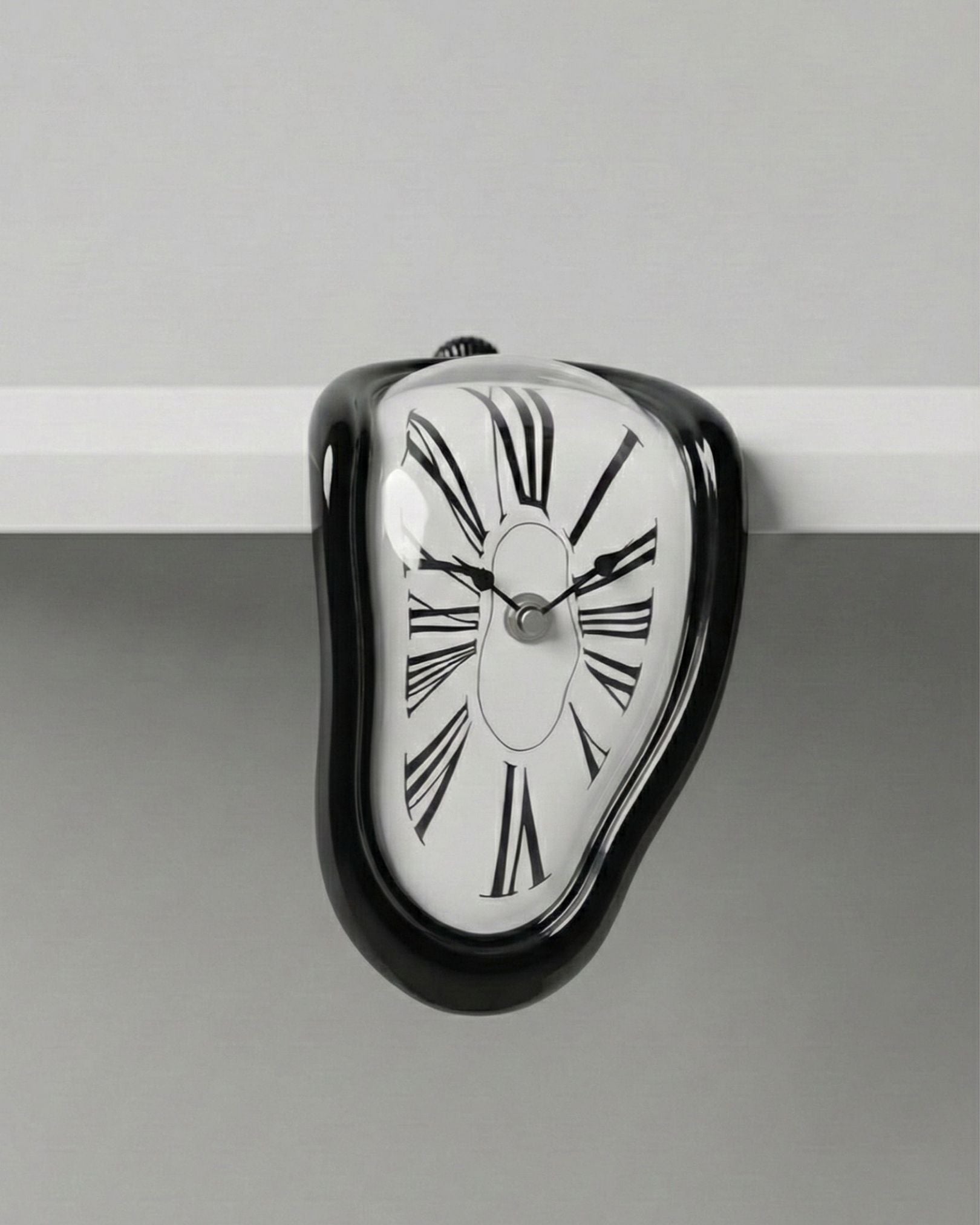 Detail shot of contrasting white Roman numerals on Black Melting Clock face