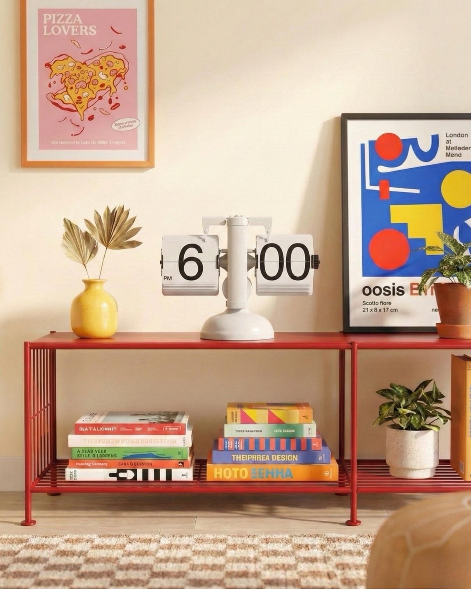 Modern white flip clock displayed on a desk, highlighting its 21cm width and retro steampunk aesthetic.