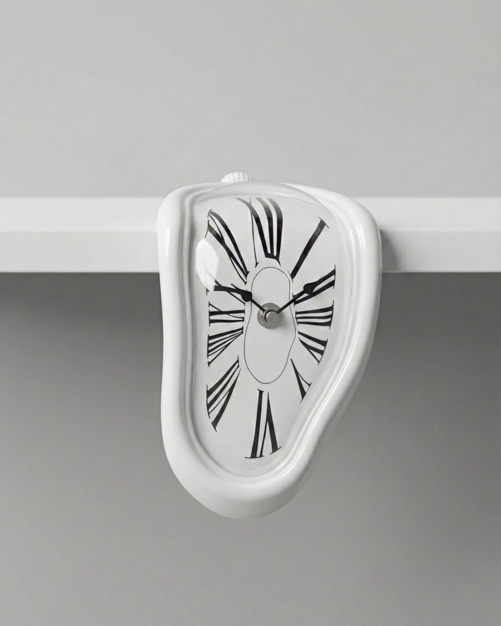 Close up detail of black hands on White Surrealist Melting Clock