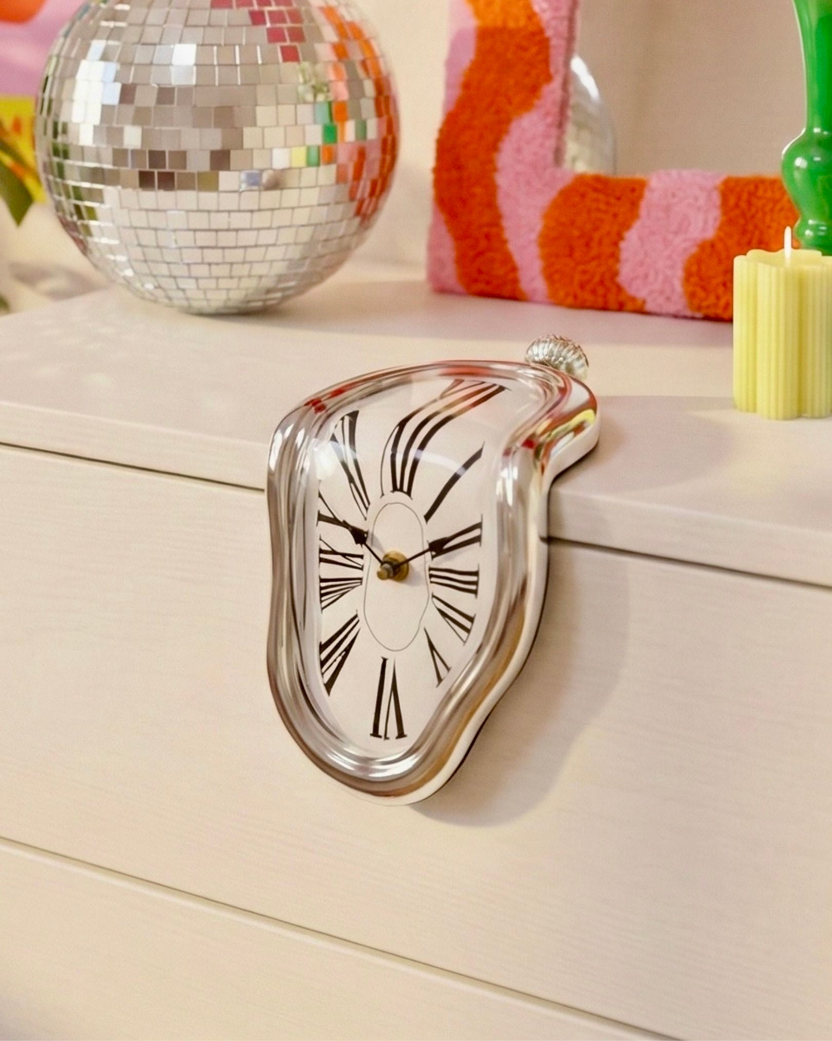 RabbitHole Melting Clock Silver Chrome - Salvador Dali Style Surrealist Shelf Decor