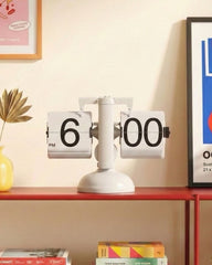 Minimalist White Retro Mechanical Flip Clock with stainless steel frame and 12-hour AM/PM display.