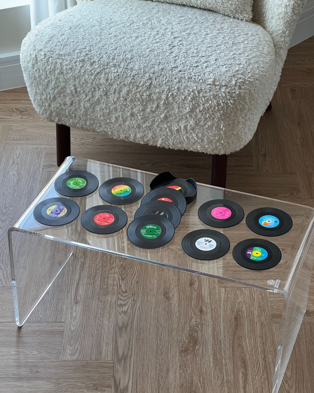 12 Vinyl Record Coasters + Holder