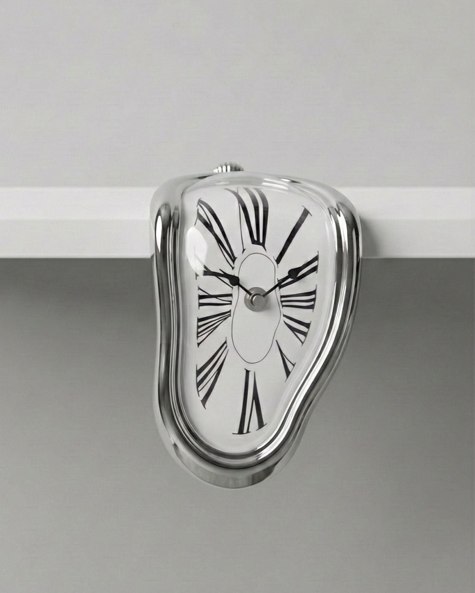 Close up of Roman numerals on reflective Silver Melting Clock face mechanism