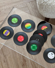12 Vinyl Record Coasters + Holder