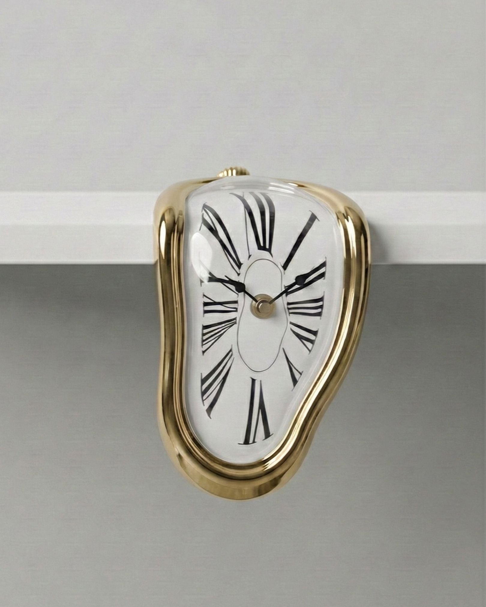 Close up of distorted Roman numerals on Gold Melting Clock face with precision quartz mechanism